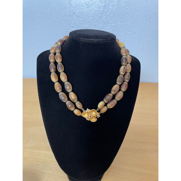 Vintage Vogue Necklace Clip On Earring Set Gold Tone Beaded Beachy Coastal - Picture 4 of 10